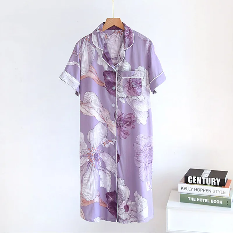 

Korean Fashion Women Mid-Long Night Dress New Short Sleeve Summer Nightgown Casual Loose Cotton Sleepwear Print Lady Nightshirt