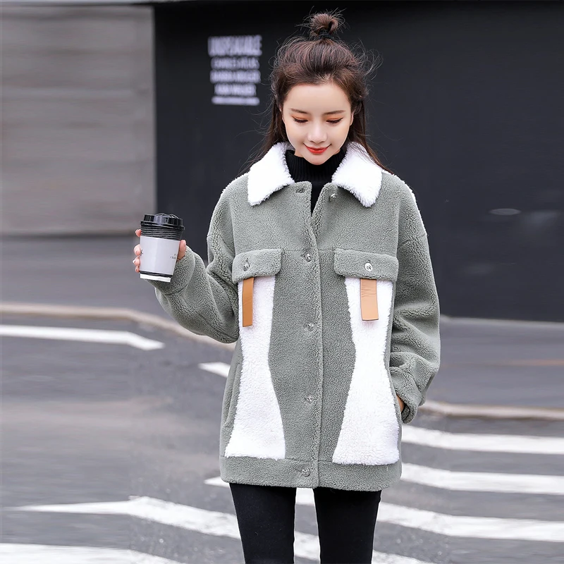 

Women Jacket Spliced Long Sleeve Woolen Fashion Warm Ladies Coats 2019 New Winter Turn Down Collar Single Breasted Women Jacket