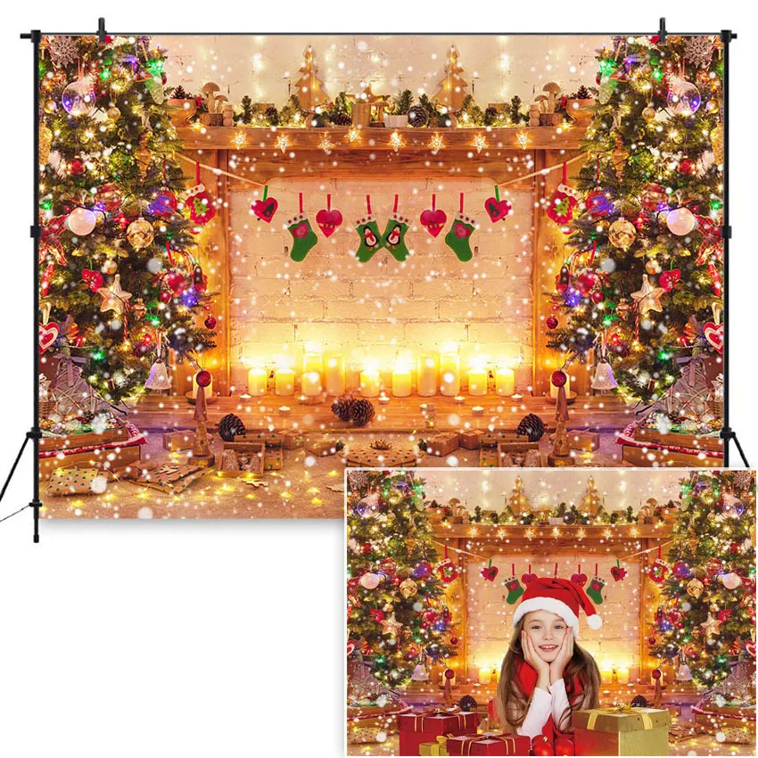 Фон с рождественской елкой камином для фотостудии Блестящий зимний новогодний