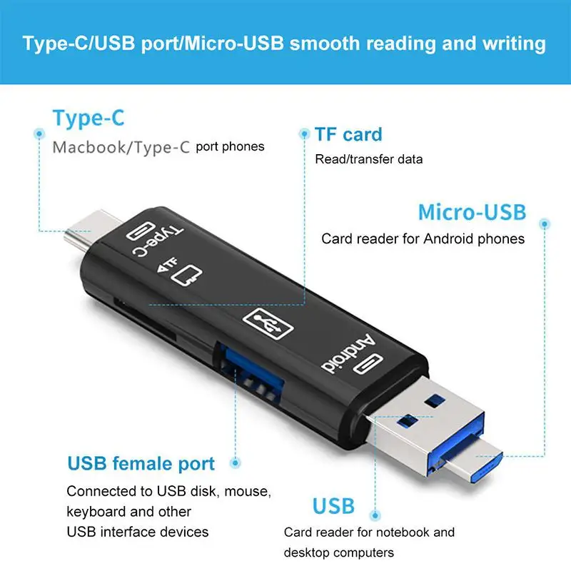 5-в-1 OTG кард-ридер высокоскоростной USB 2 0 Тип C/USB/Micro USB/SD/TF слот для карт памяти