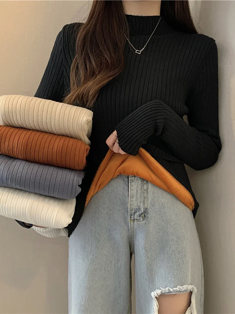 

Свитер с высоким воротником на осень и зиму, новинка 2021, утепленный плюшевый свитер с подкладкой, Топ с длинным рукавом, женская одежда