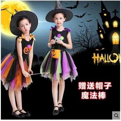 Одежда для детей на Хэллоуин костюмы маскарадное платье ведьмы + шляпа волшебная