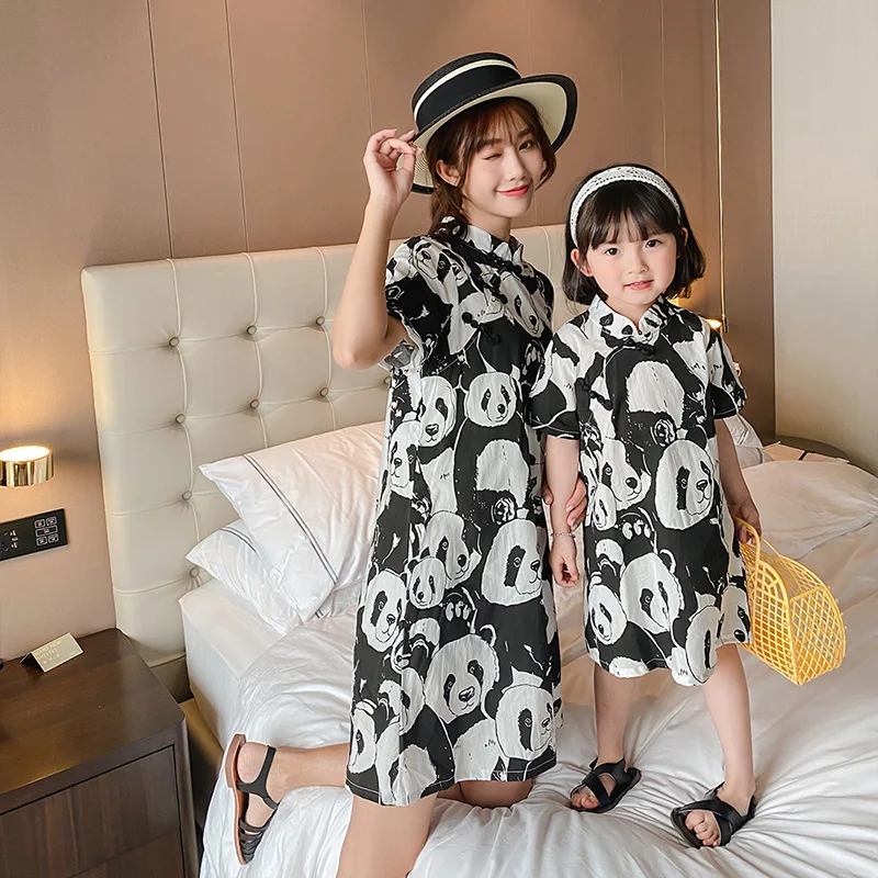 

Family Matching Outfits Chinese Style Panda Cotton Cheongsam Above Knee Mini Dress Mommy and Daughter Matching Baby Girl Clothes