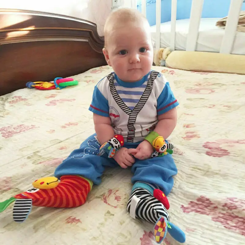pudcoco Newborn Baby Infant Boys Girls Cartoon Soft Rattles Wristband Handbells Hand Foot Finders Socks Developmental Toys Gift | Детская