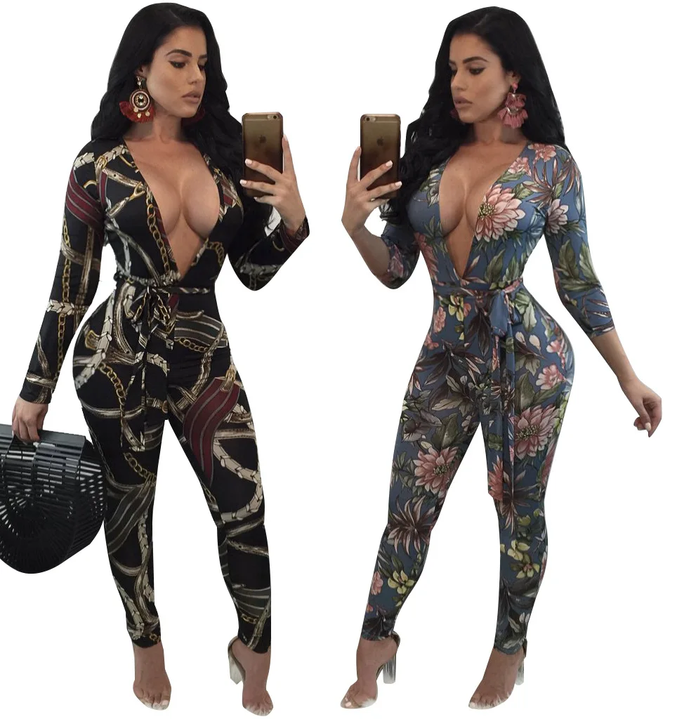 

Fashion Retro Floral Print Skinny Pencil Long Jumpsuit Casual Sexy Women Deep V Neck Long Sleeve Fit Tight Bodycon Catsuit