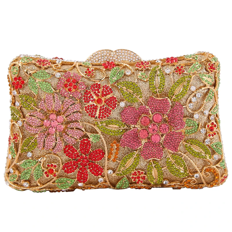 

women Metal flower diamond party banquet blue clutch female one shoulder chain red handbag large capacity mobile phone gold bags