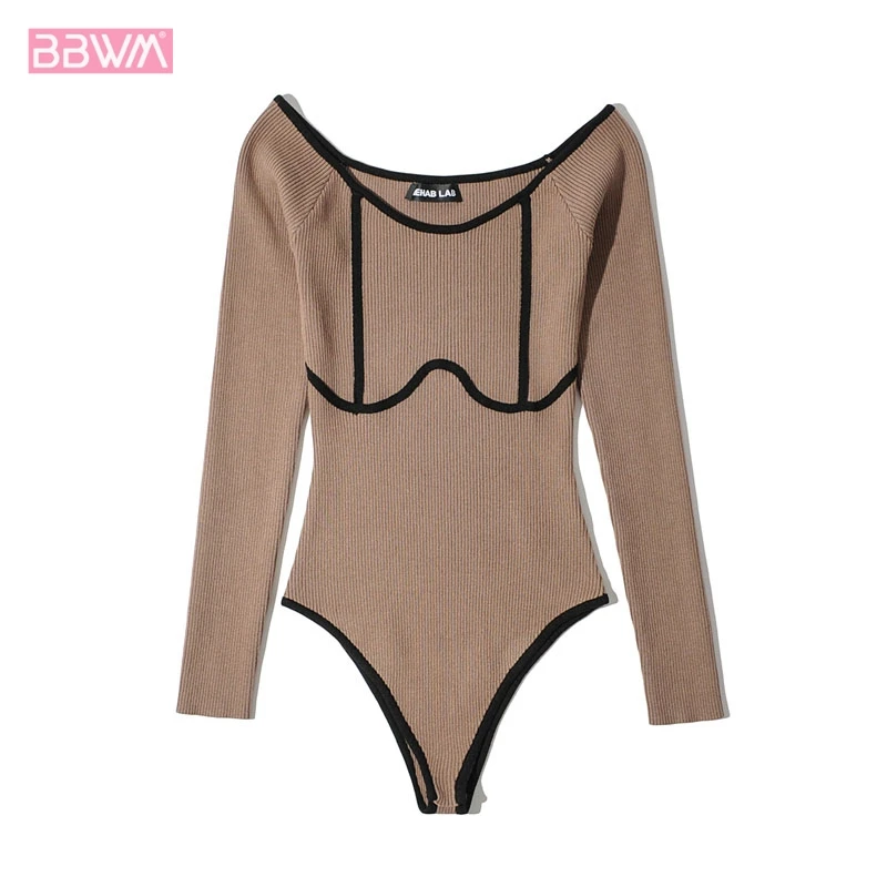 

Long-sleeved One-neck Contrast Color All-match Slim Fit Women's Jumpsuit Fashion New Knitted Chic Female Bodysuit