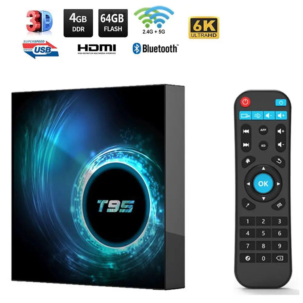 

Приставка Смарт-ТВ T95, Android 100, 4 + 64 ГБ, Wi-Fi, 6K, Bluetooth