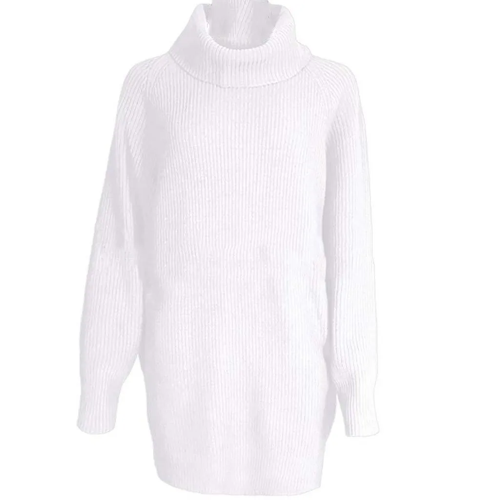 

Fashion Turtleneck Knitted Sweater Casual Winter Solid Pockets Loose Pullover Top Ladies Female Women Long Sleeve Blusa Jumper
