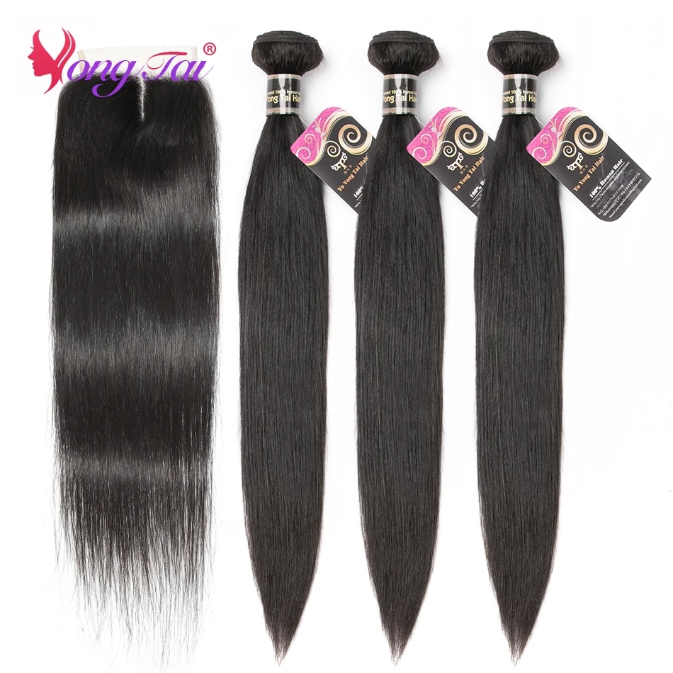 

YuYongtai Peruvian Bone Straight 3 Bundles With 4x4 Lace Closure Natural Black Non-Remy 100% Human Hair Bundles With Closure