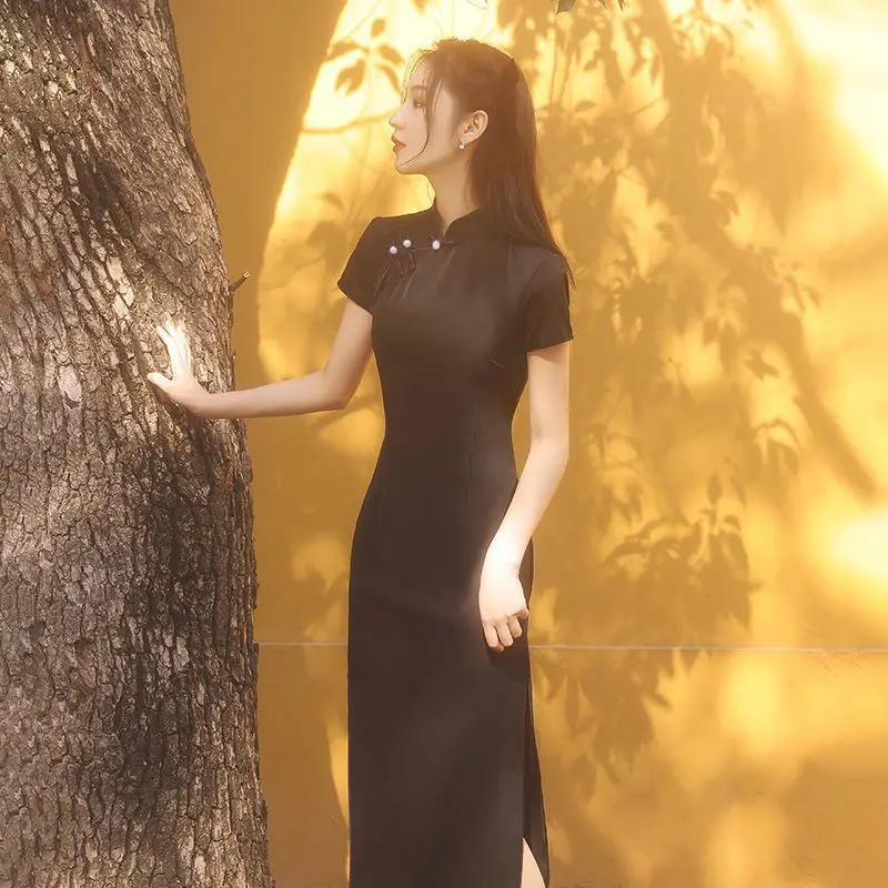 

GothGotik Gothic Cheongsam Qipao Chinese Dress For Women Black Elegant Bodycon Short Sleeve Vintage Cosplay Clothing Summer Wear