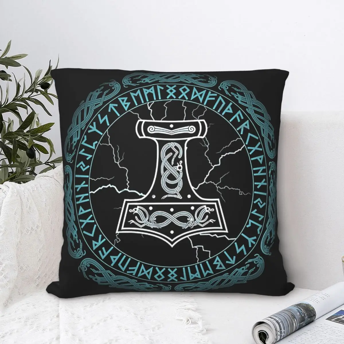 

Mjolnir Hammer Of Thor Runes Throw Pillow Case Viking Norse Mythology Backpack Cushions Case DIY Printed Fashion For Chair Decor
