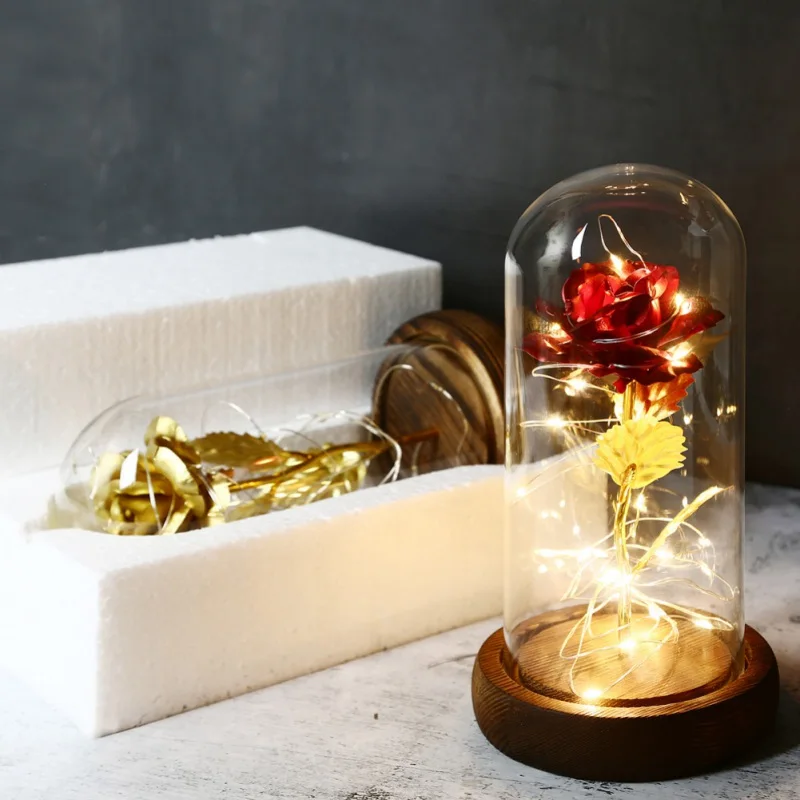 

Glass Dome Light Flower Beauty And The Beast Enchanted Rose Glass LED Lighted Wedding Home Decor Gift
