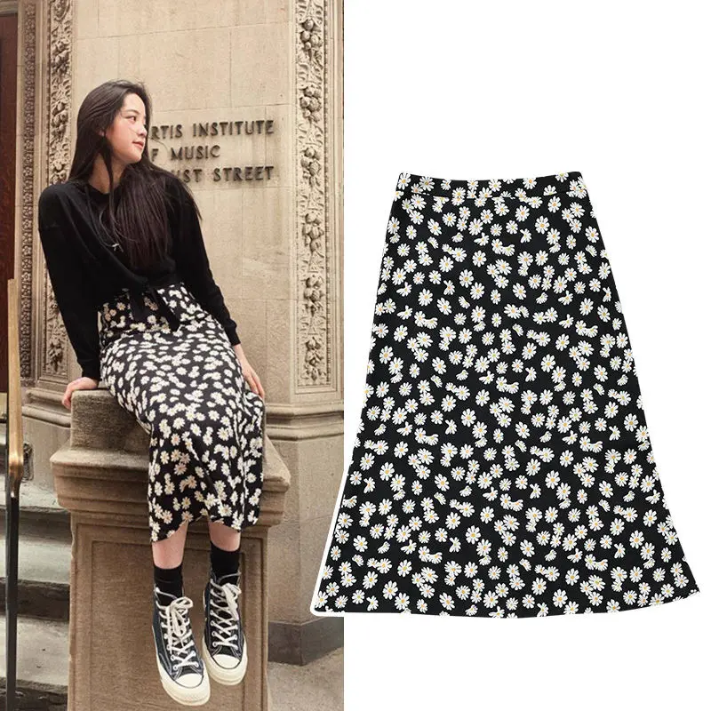Женская юбка с завышенной талией и поясом повседневная цветочным