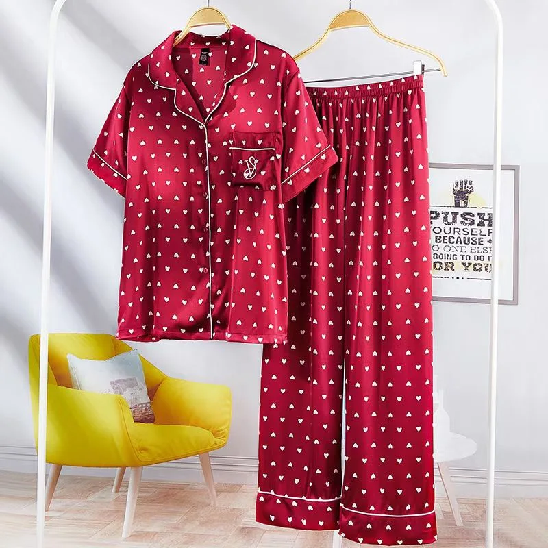 

Summer Women Pajama Sets Fashion Loving Heart Print Brand Design Turn-Down Collar Homewear Lingerie 2 Piece Set Satin Sleepwear