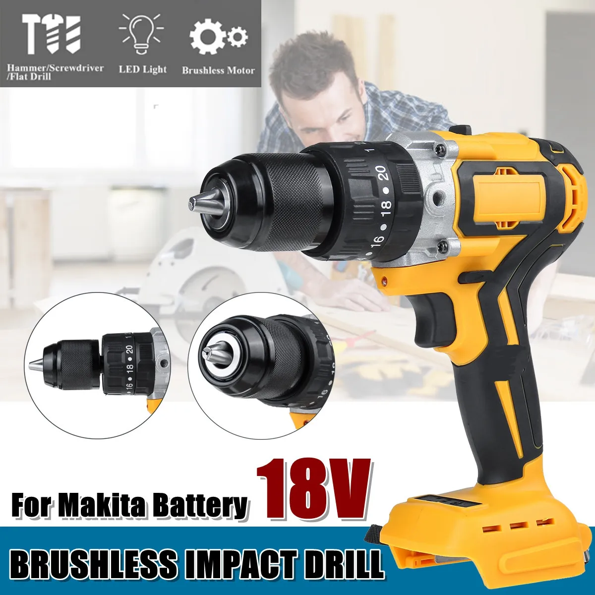 

450Nm 13mm 3 in 1 Brushless Impact Electric Drill 20+3 Torque Cordless Drill Screwdriver DIY Power Tool for Makita Battery