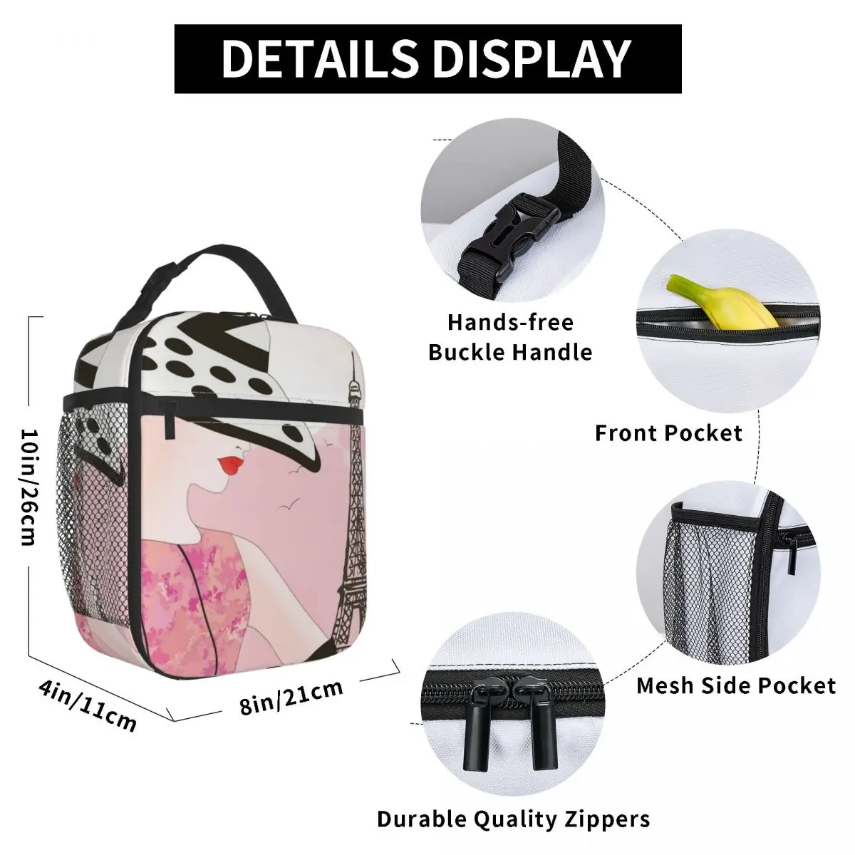 

Fashion Woman In Paris Lunch Bag for Women Men Large Insulated Lunch Box with Water Bottle Holder and Pockets
