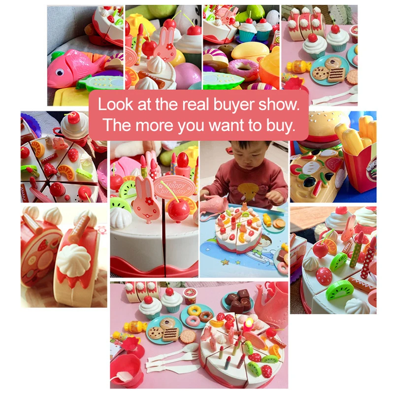 

DIY 37-83PCS Birthday Cake Toy Kitchen Set Food Boys Girls Pretend Play Fruit Cutting Toys For Baby Kid Playset Educational Gift