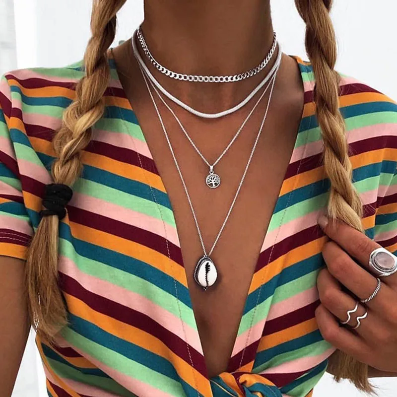 

Fashion Shell Necklace Chain Women Multilayer Trendy Girl Silver Color Vintage Bohemia Necklaces Jewelry Collares Collier