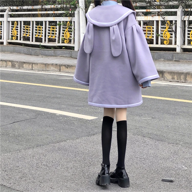 

Japanese Winter Casual Women Jacket Vintage Sailor Collar Sweety Rabbit Ears Kawaii Cartoons Embroidery Keep Warm Thicken Coat