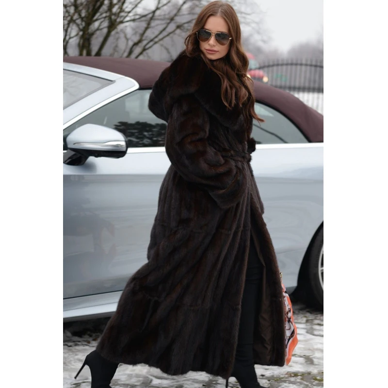 BFFUR Winter Fur Coat Women 120 cm Long Real Mink Fur Coats With Big Hood Natural Mink Fur Jackets Luxury Overcoats Plus Size