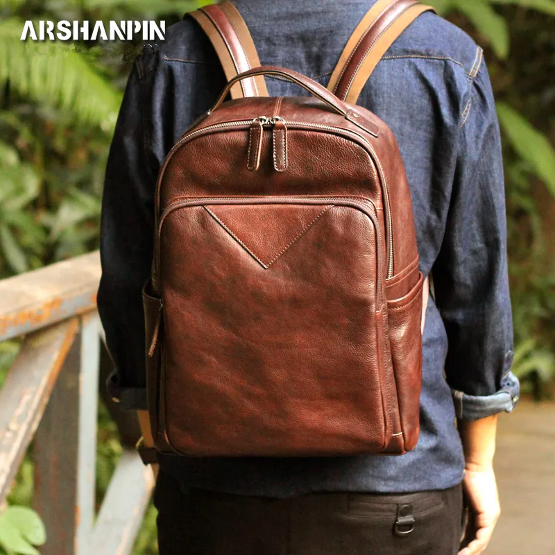 Мужской рюкзак из натуральной кожи модная трендовая сумка на плечо в Корейском