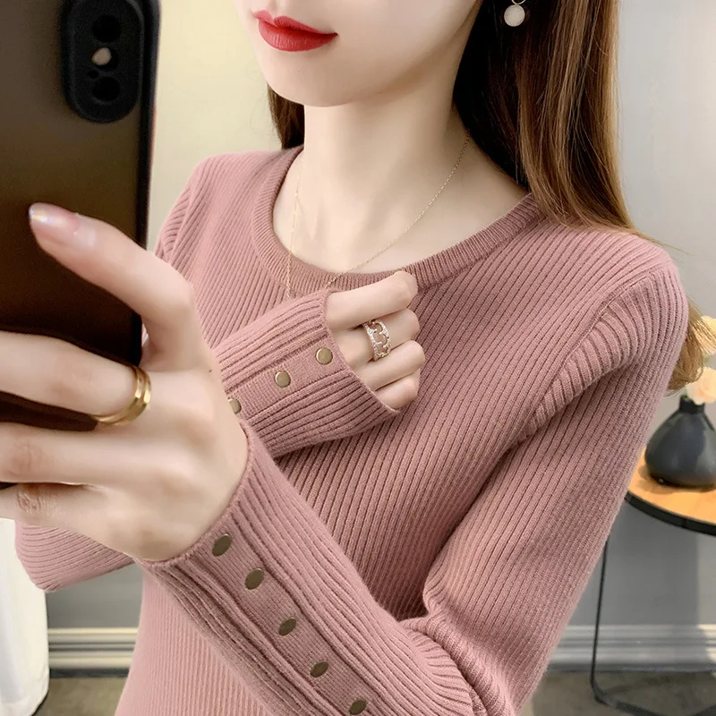 

Round Neck Bottoming Shirt Women's Inner Wear Spring and Autumn New Korean Style Solid Color Women's Sweater Rivet Top
