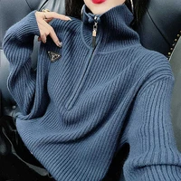womens turtleneck sweater knitted korean fashion plus size loose zipper pullovers women autumn 2021 turn down collar jumper