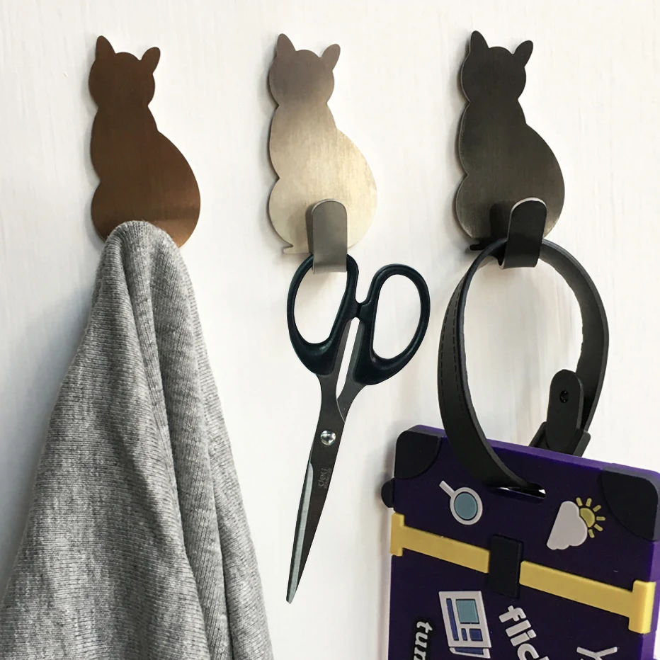 3pcs/Set Stainless Steel Self Adhesive Hooks Cat Pattern Holder Bathroom Kitchen Hanger Stick on Wall Hanging Door Clothes Racks - купить по