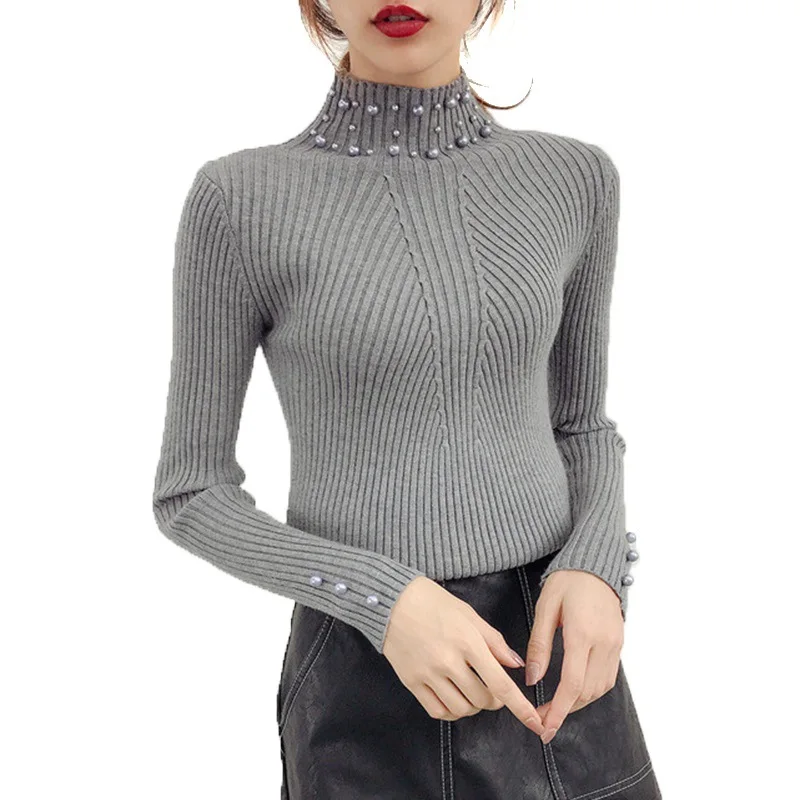 

2019 Autumn and Winter New Ladies Pearl Beaded Sweater O-neck Long-sleeved Slim Ladies Knit Sweater and Pullover