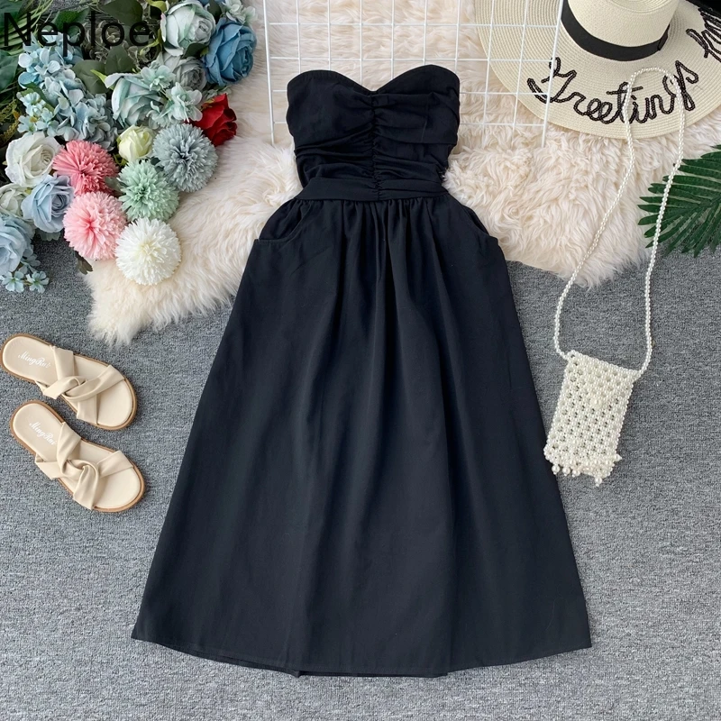 

Neploe Strapless Party Dress Women Sexy Solid High Waist Knn Length Club Backless Vestidos Summer Shoulderless Dresses 1C291