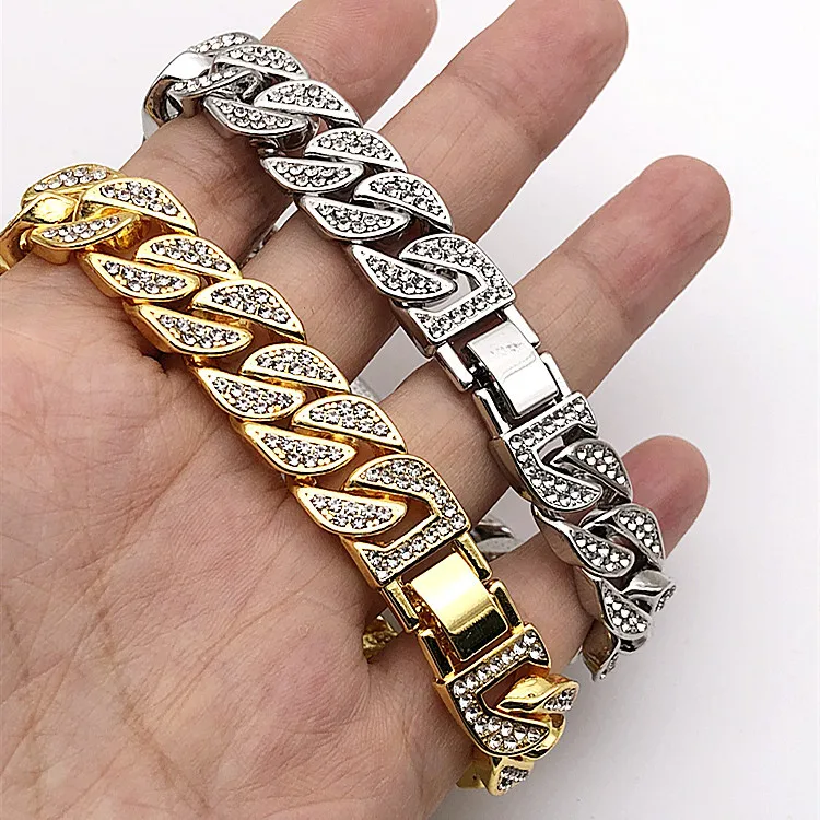 

New Fashion Luxury 20mm Iced Out Cuban Link Chain Bracelet for Women Men Gold Silver Color Bling Rhinestone Bracelet Jewelry
