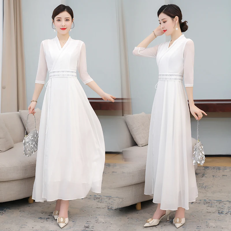 

Платье COIGARSAM женское в китайском стиле, винтажное шифоновое однотонное с длинным рукавом и вышивкой, белое, с V-образным вырезом, халат Traf, на ...