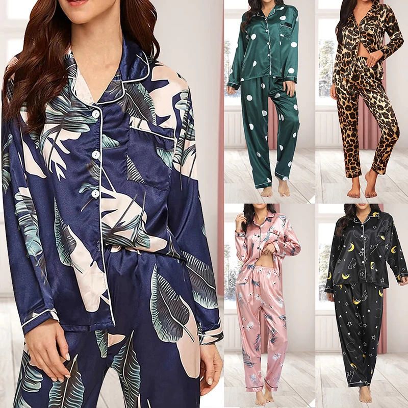 

Women Silk Pajama Set Casual Long Sleeve Comfortable Animal Print Sleepwear S-2XL Satin
