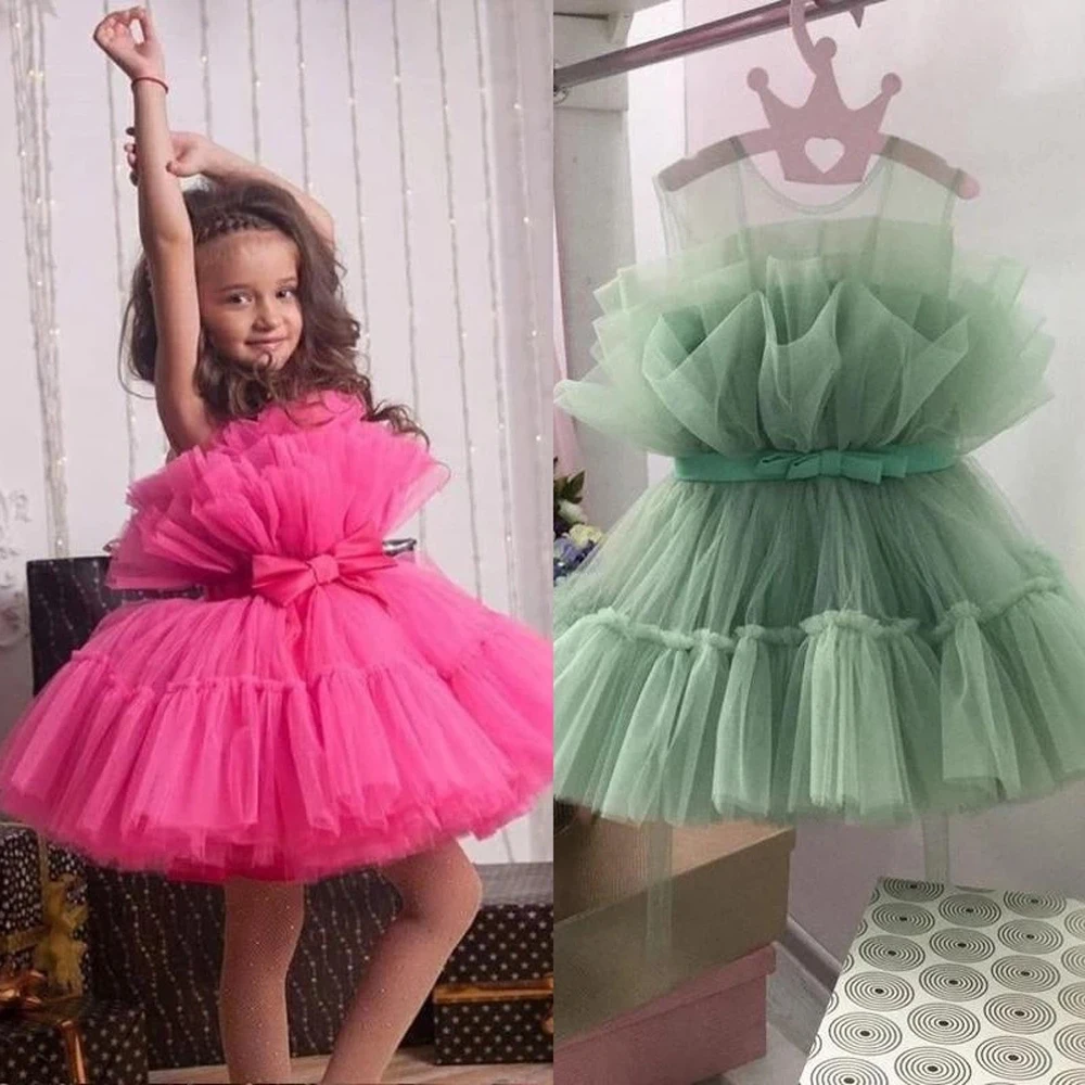 

Sweet Fuchsia Tiered Flower Girls Dresses Bow Sash Puffy Tulle Children Pageant Ball Gown Short Kids Birthday Communion Wears