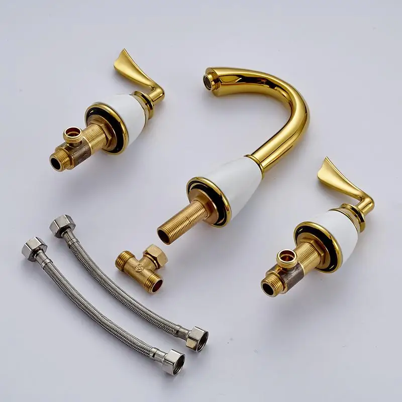 

Basin Faucets Polished Gold Brass Made Modern Bathroom Sink Faucet Double Handle 3 Hole Bath Basin Counter Mixer Taps