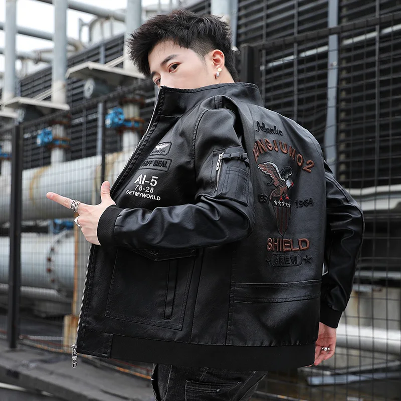 

Flying Jacket Men's Spring and Autumn Leather Coat Stylish Loose Wear Motorcycle Clothing plus-Sized plus Size Embroidery