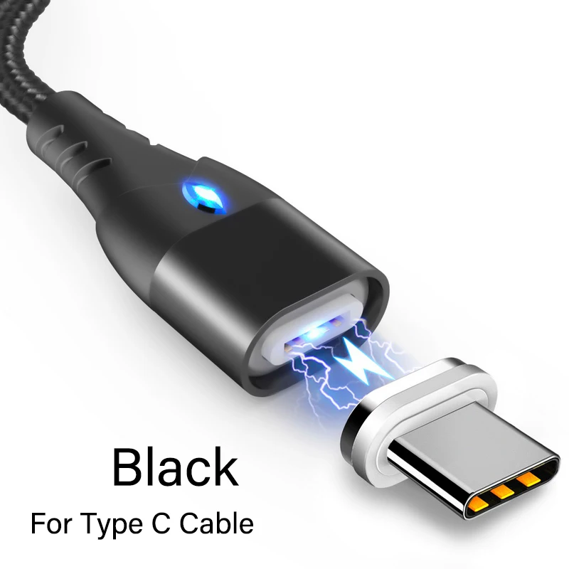 For Type C Black Магнитный кабель Micro usb type C для iPhone осветительный кабель samsung S7 Xiaomi Redmi Note 7 1M 3A Быстрая зарядка зарядное устройство телефонный кабель - Цвет: For Type C Black