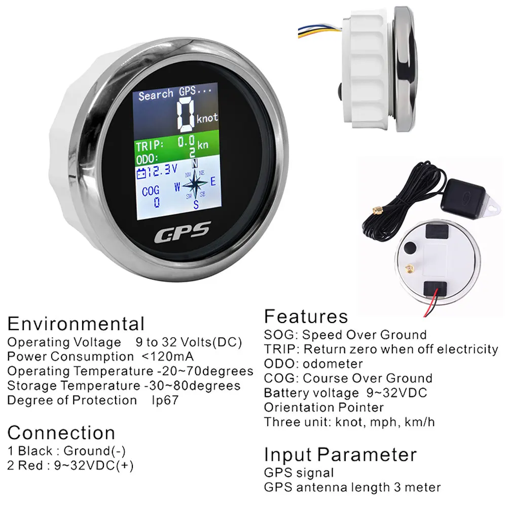

85mm Waterproof TFT Screen Digital GPS Speedometer Odometer Trip COG ODO Voltmeter 9-32V with GPS Antenna Sensor Boat Auto Gauge