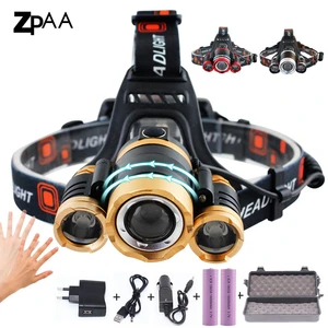 Налобный фонарь T6, светодиодный с перезаряжаемым датчиком