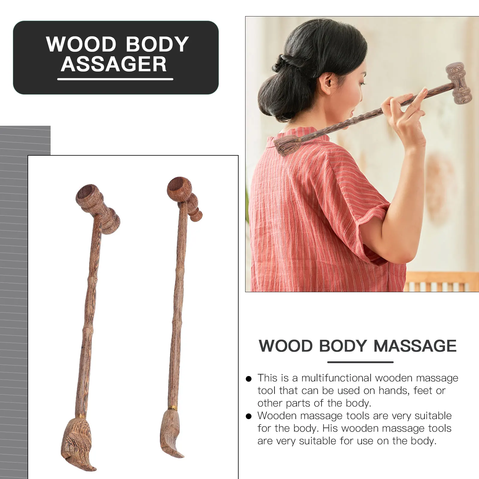 

2pcs Body Hammer Tool Handheld Dual-use Double-head Wood Body Massage Hammer Back Scratcher Back Rubs Massager Rod