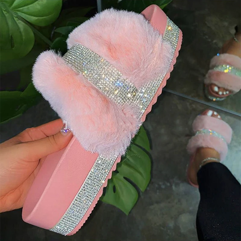 

New Shiny Rhinestone Fluffy Indoor Slides Woman Spring Comfort Flat Slippers Casual Plush Sandals 35-43
