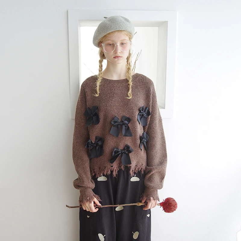 imakokoni brown bow sweater original design Japanese sweet long-sleeved shirt female autumn and winter 182461 | Женская одежда