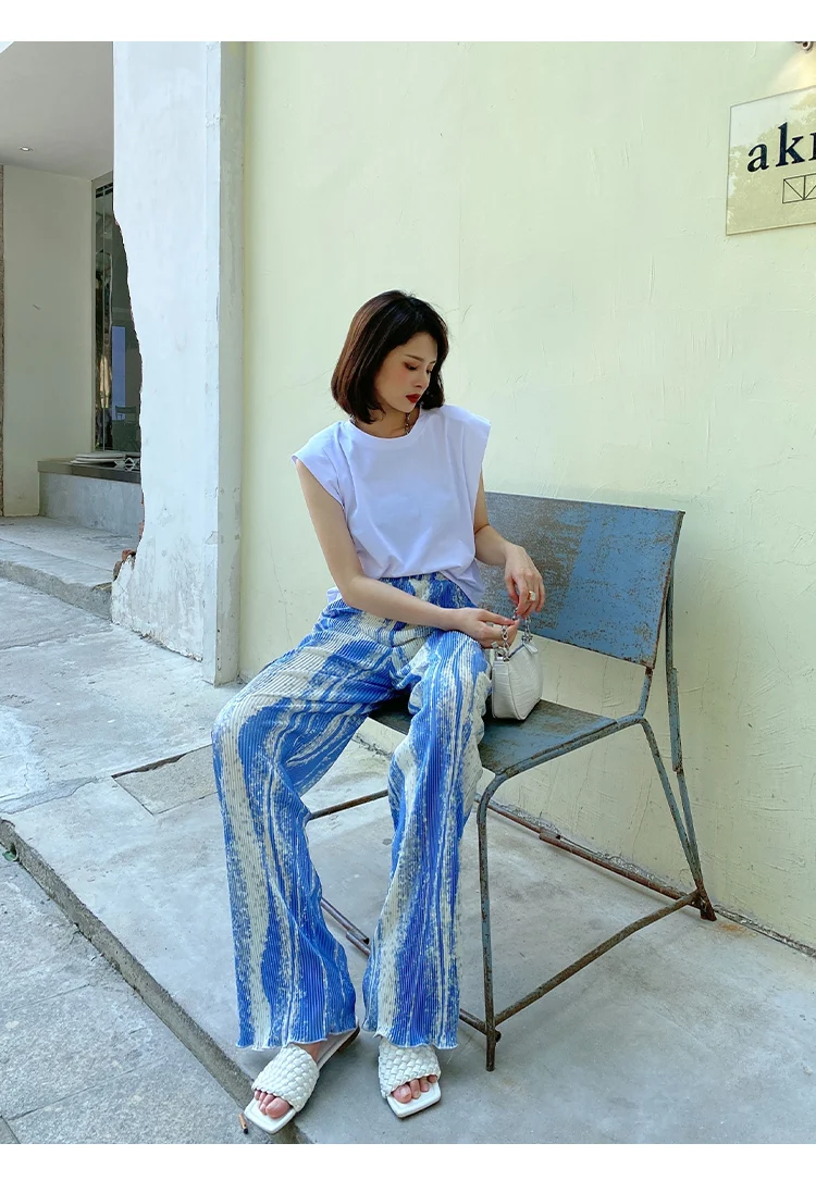 Горячая Распродажа модные черно-белые прямые длинные брюки миаке со складками и