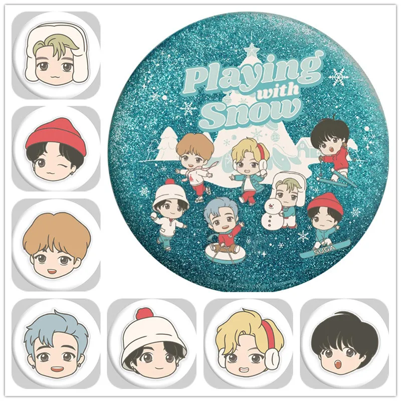 

New Kpop Bangtan Boys Cartoon Holiday Round Pin Badges Playing Snow Metal Pins Brooch Bag Cap Cloth Accessories Decoration 58MM