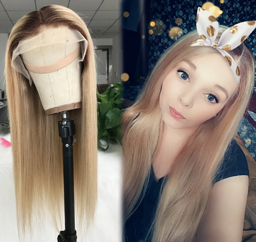 Fabwigs Lemi Цвет эффектом деграде(переход от темного к блондинка 13x4 Синтетические волосы на кружеве парики из натуральных волос на кружевной T4/27/613 прозрачный Синтетические волосы на кружеве парик с детскими волосами Волосы remy