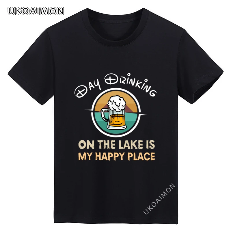 

Father Day LAKE BOATING Day Drinking On The Lake Punk Pure Cotton T Shirt Round Neck Manga TShirts Unique Short Sleeve T Shirts