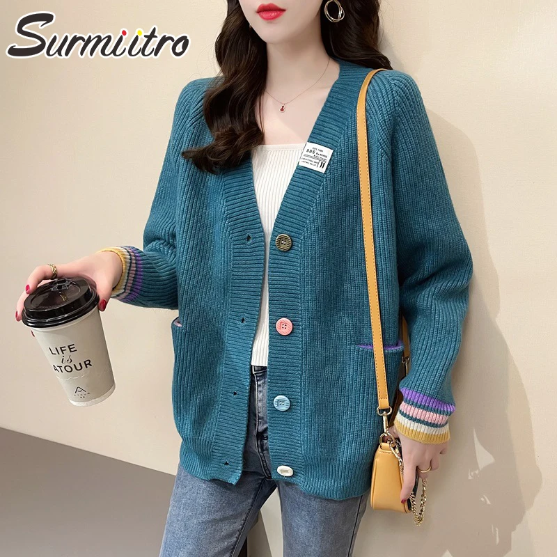 

SURMIITRO Casual Knitted Cardigan Women 2021 Fashion Autumn Winter Korean Style Long Sleeve Female Sweater Jacket Coat Knitwear