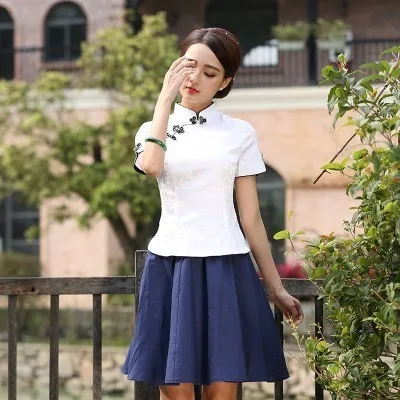 white Cheongsam top Sheng Coco Black China Blouse Women Traditional Chinese Shirt Clothing Chinese Jacquard Cotton Cheongsam Shirt Flower Buckle Top - Цвет: white Cheongsam top