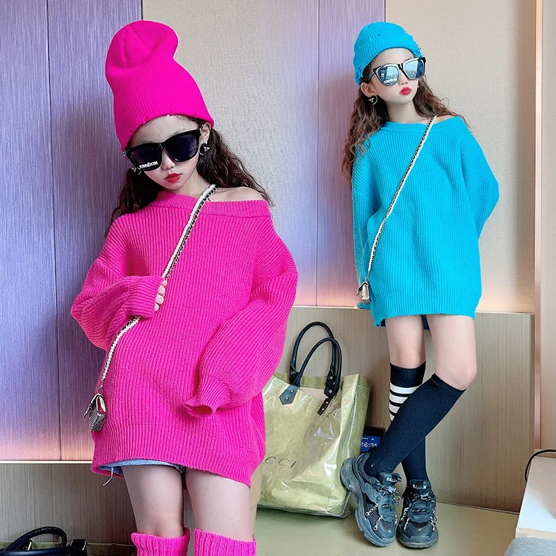 Girls Knitted Sweater Autumn Winter Coat for Candy Color Pullover Loose Fashion Kids Tops 12 13 14 Years Clothes | Мать и ребенок